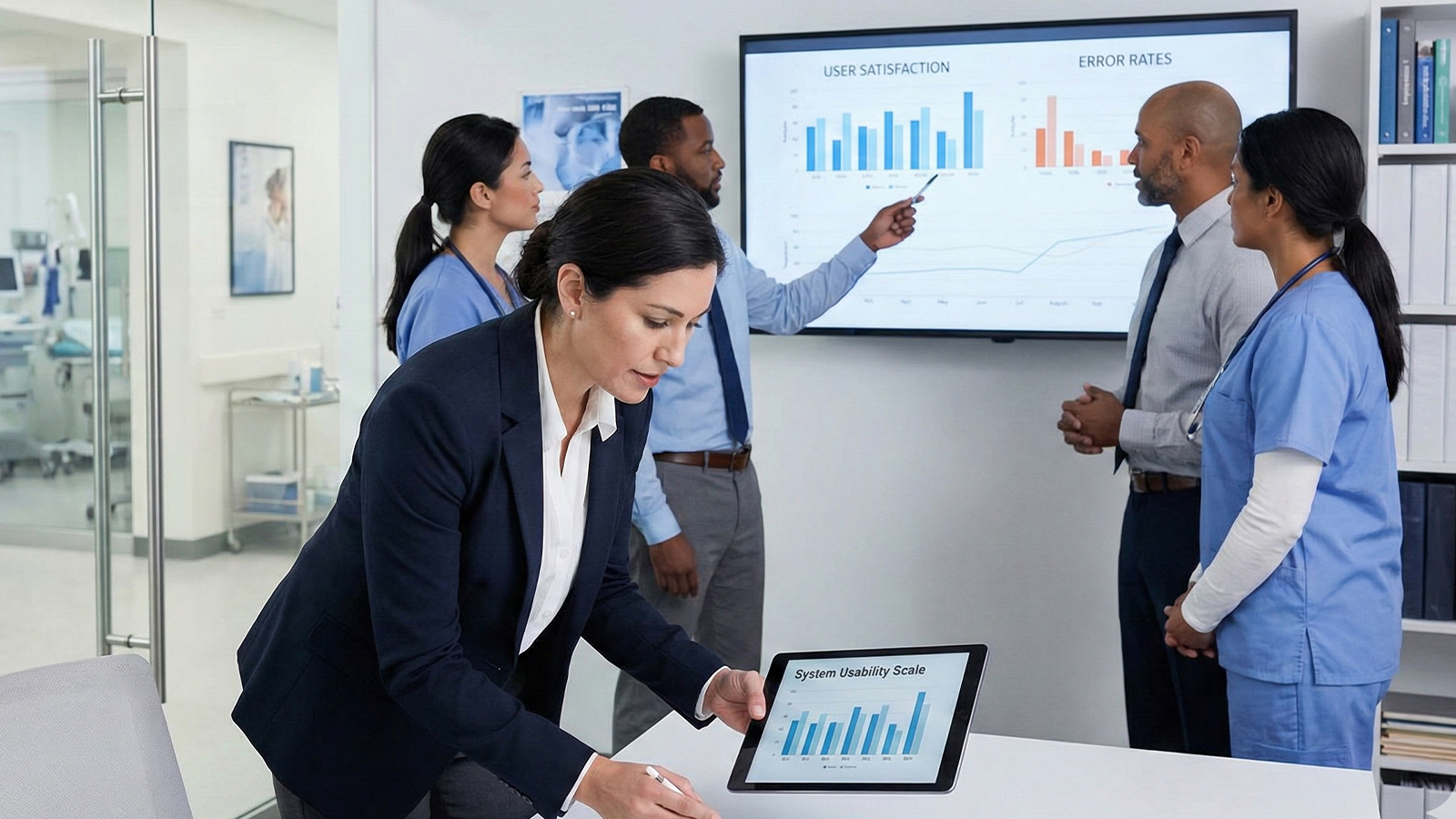 Healthcare management discussing user satisfaction rates with their emr system