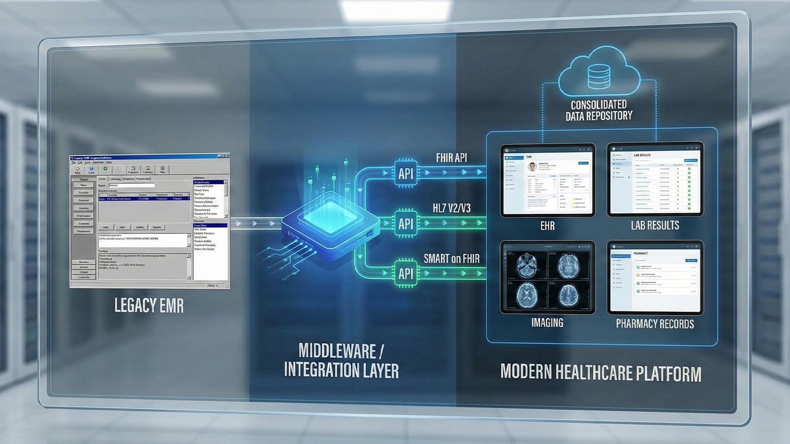 professionally designed healthcare interoperability visualization showing legacy systems successfully connected
