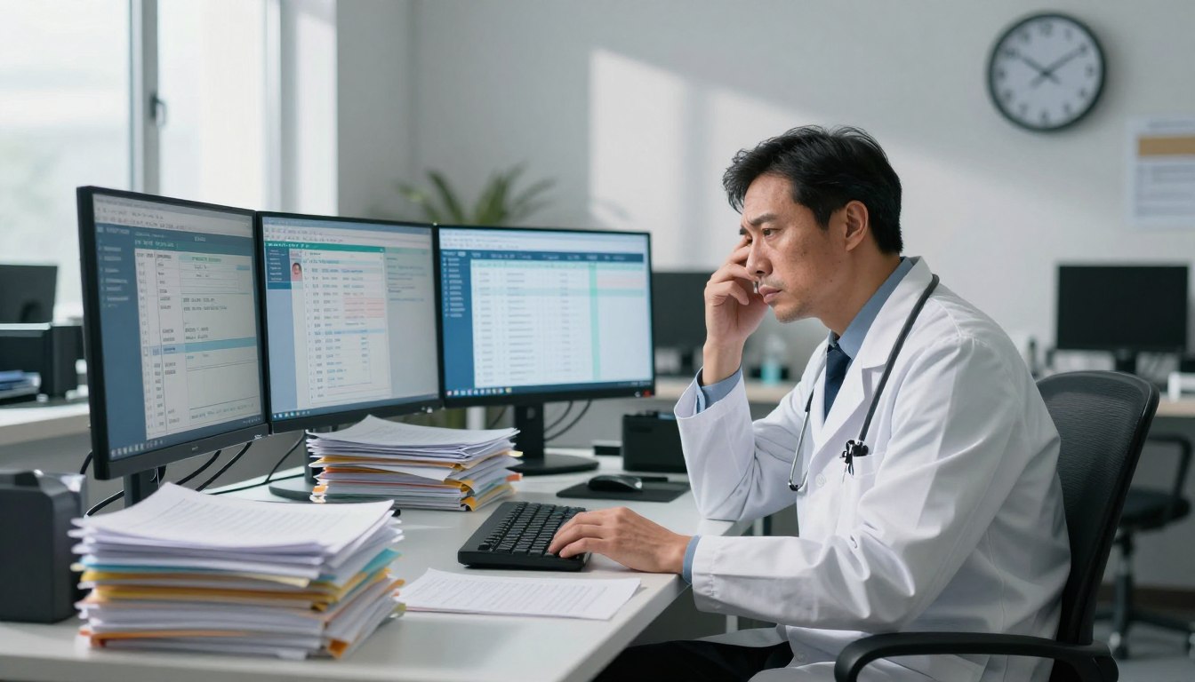 A physician looking at computer screens displaying electronic health records