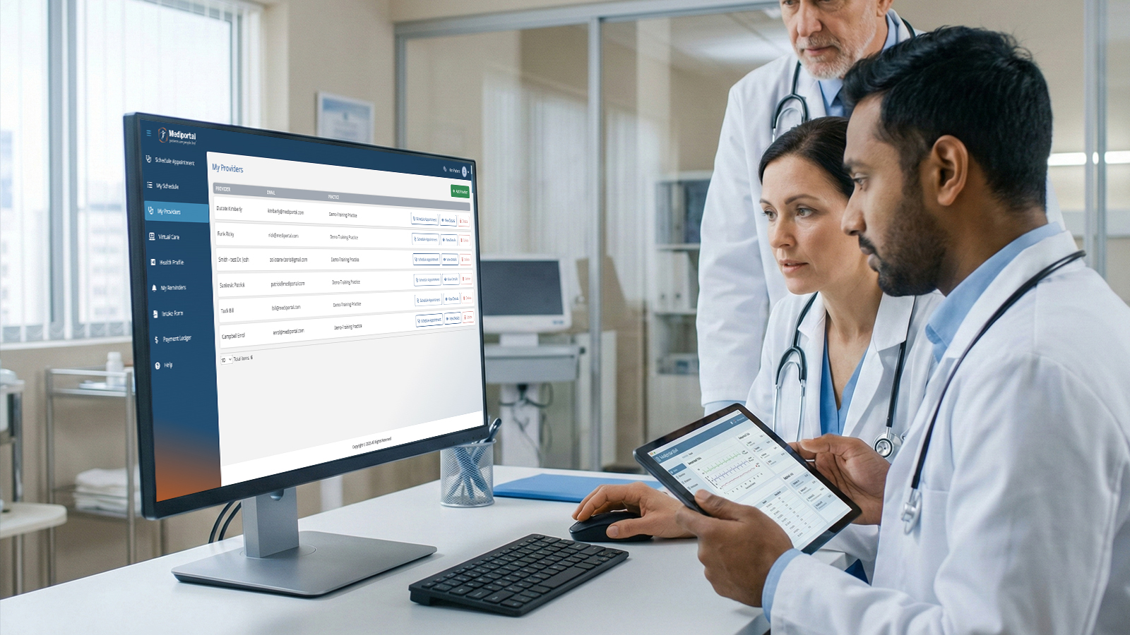 Doctors looking at Mediportal EMR system